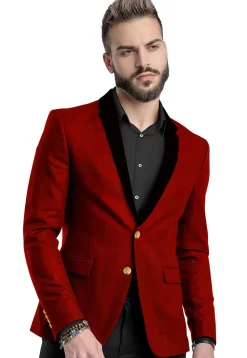 Contrast Collar Velvet Blazer in Red