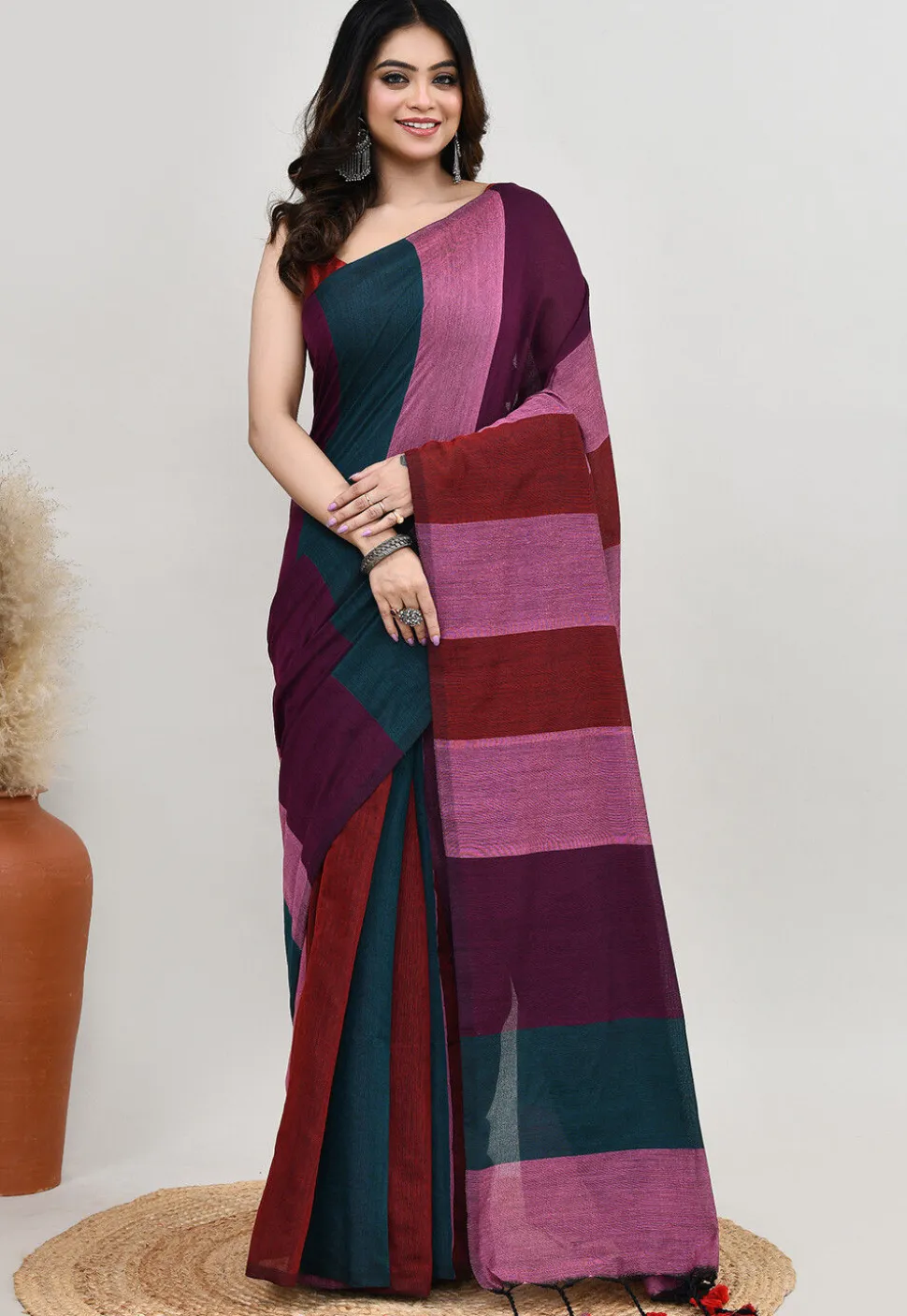 Contrast Cotton Saree in Multicolor