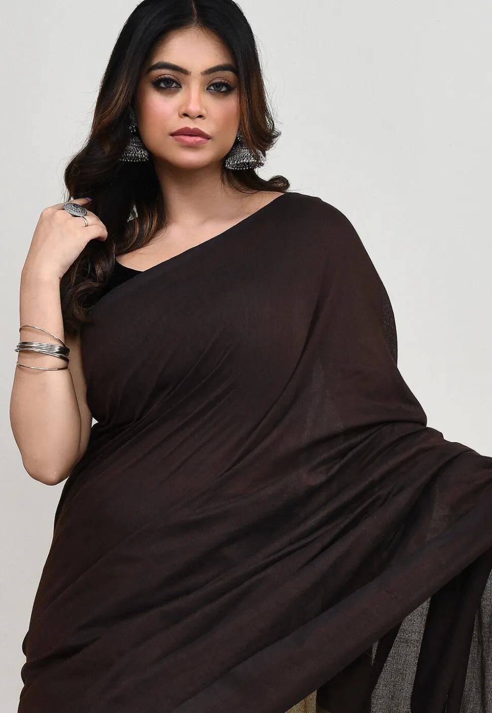 Contrast Cotton Saree in Dark Brown