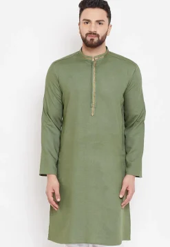 Contrast Neckline Linen Kurta in Dark Olive Green