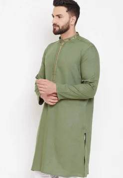 Contrast Neckline Linen Kurta in Dark Olive Green
