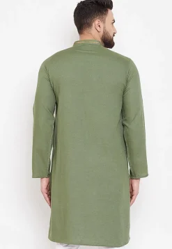 Contrast Neckline Linen Kurta in Dark Olive Green