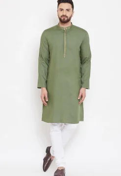 Contrast Neckline Linen Kurta in Dark Olive Green