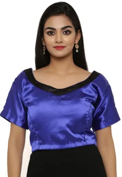 Contrast Neckline Satin Blouse in Indigo Blue