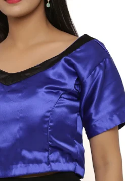 Contrast Neckline Satin Blouse in Indigo Blue