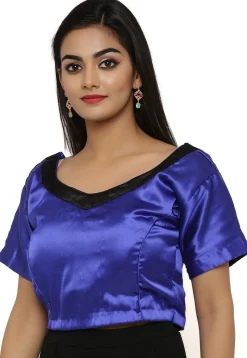 Contrast Neckline Satin Blouse in Indigo Blue