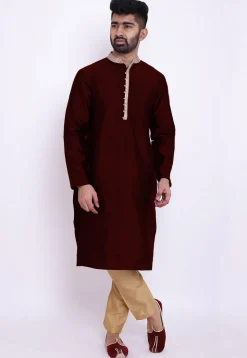 Contrast Neckline Taffeta Silk Kurta in Maroon