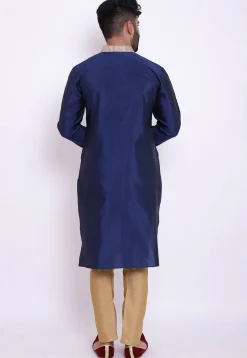 Contrast Neckline Taffeta Silk Kurta in Dark Blue