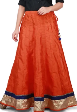 Contrast Patch Border Bhagalpuri Silk Long Skirt in Orange