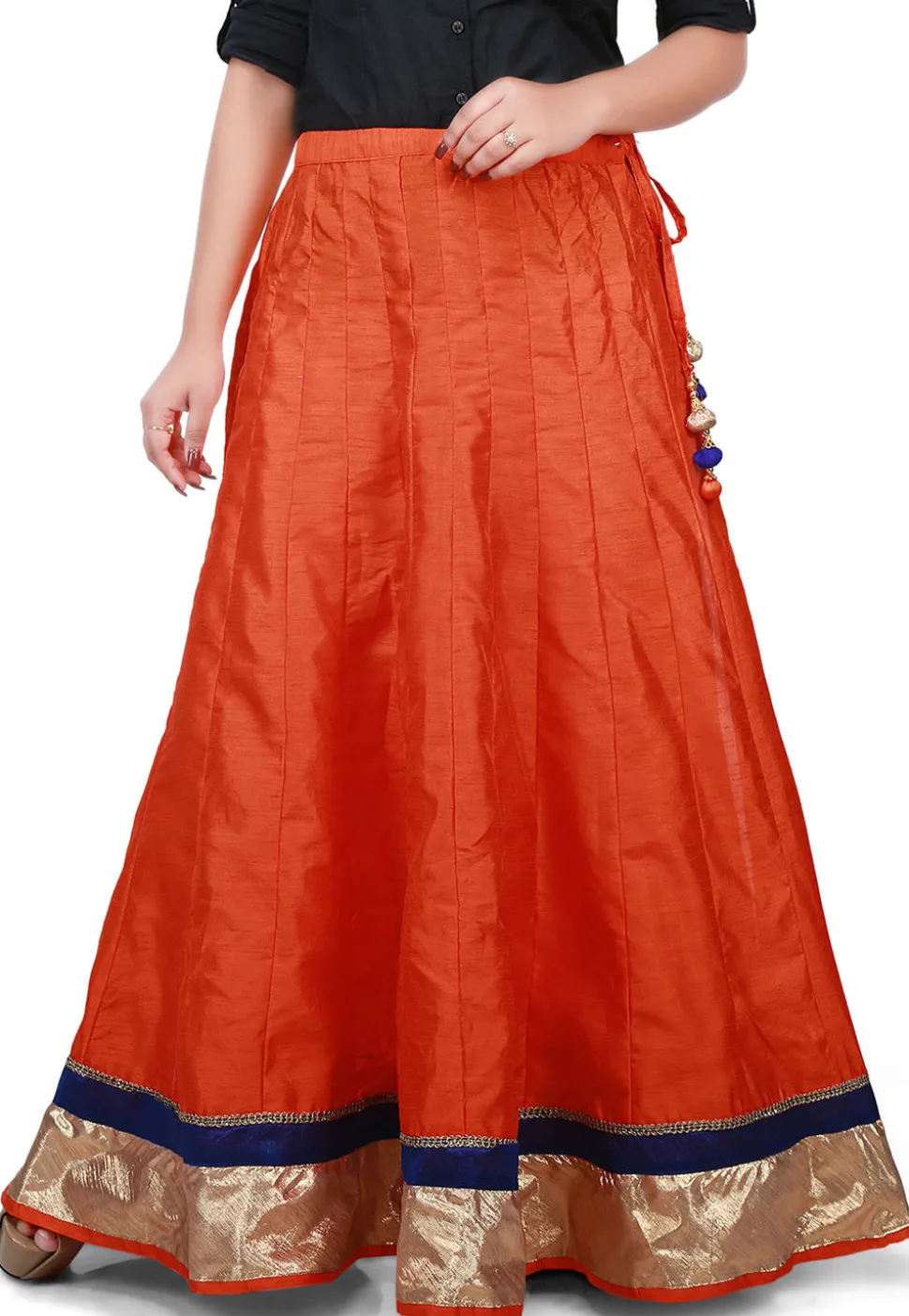 Contrast Patch Border Bhagalpuri Silk Long Skirt in Orange