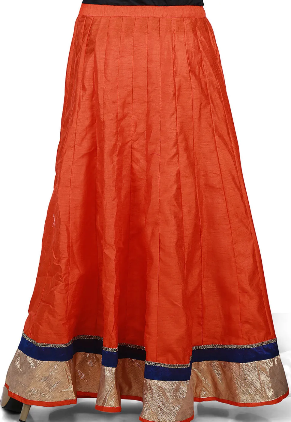 Contrast Patch Border Bhagalpuri Silk Long Skirt in Orange