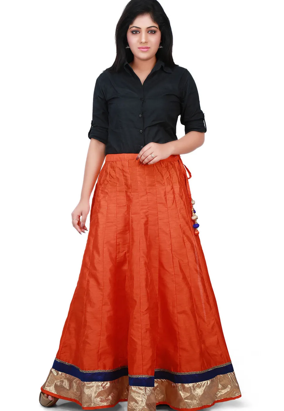 Contrast Patch Border Bhagalpuri Silk Long Skirt in Orange