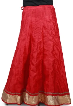 Contrast Patch Border Bhagalpuri Silk Long Skirt in Red
