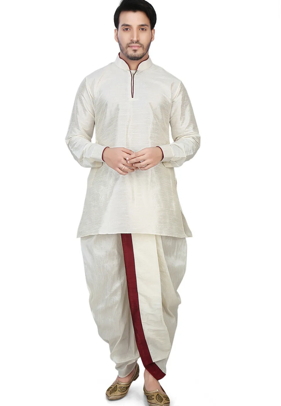 Contrast Patch Border Dupion Silk Short Dhoti Kurta in Off White