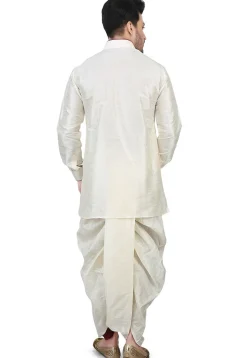 Contrast Patch Border Dupion Silk Short Dhoti Kurta in Off White
