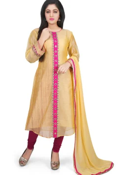 Contrast Placket Chanderi Cotton Straight Suit in Yellow