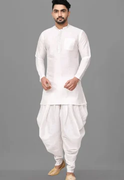 Contrast Placket Dupion Silk Short Kurta Set in White