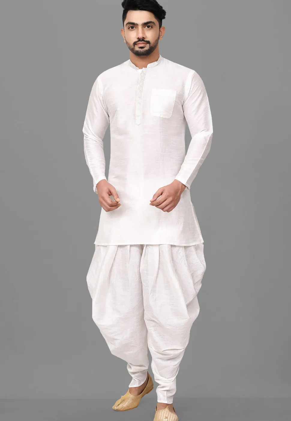 Contrast Placket Dupion Silk Short Kurta Set in White
