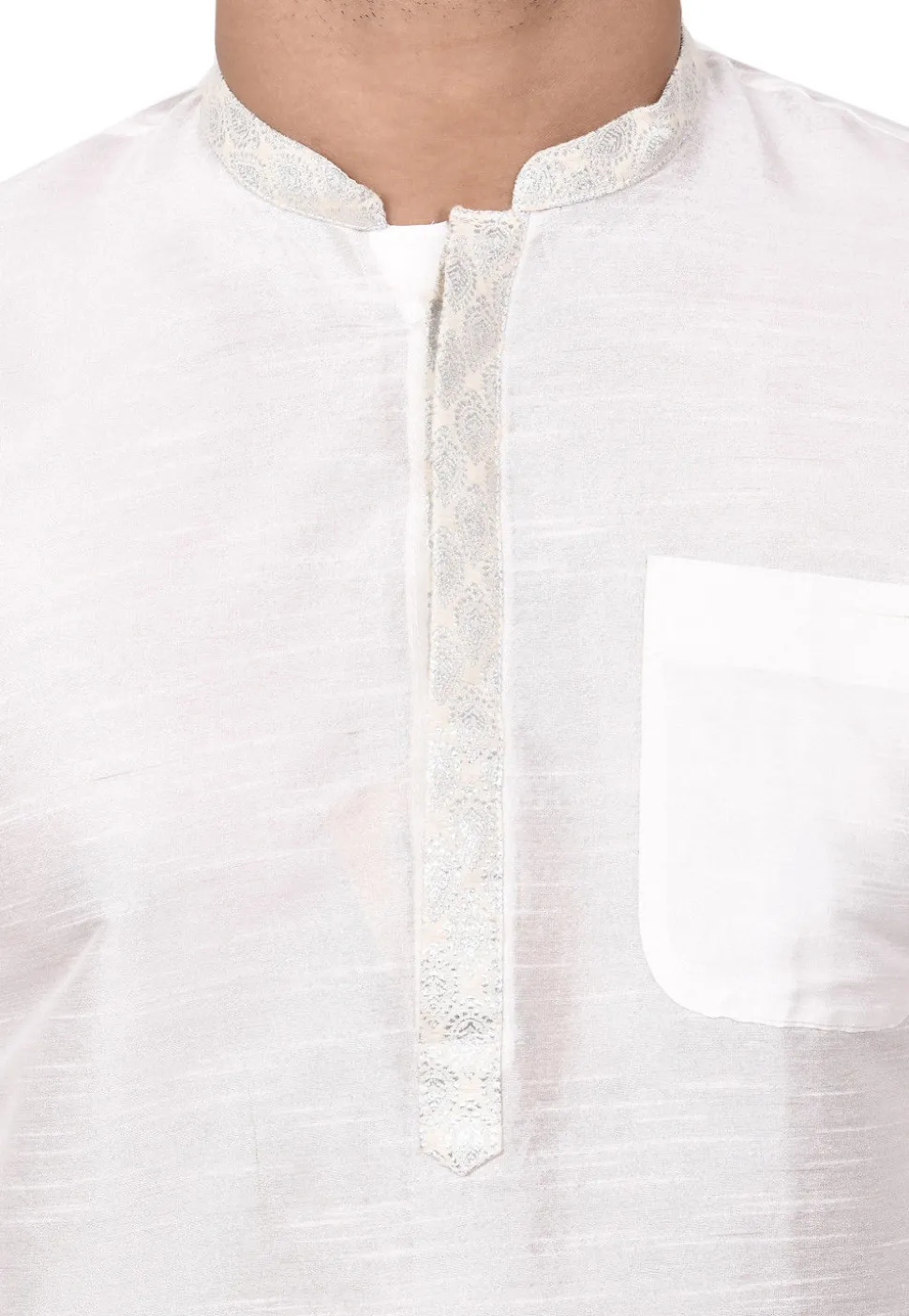 Contrast Placket Dupion Silk Short Kurta Set in White