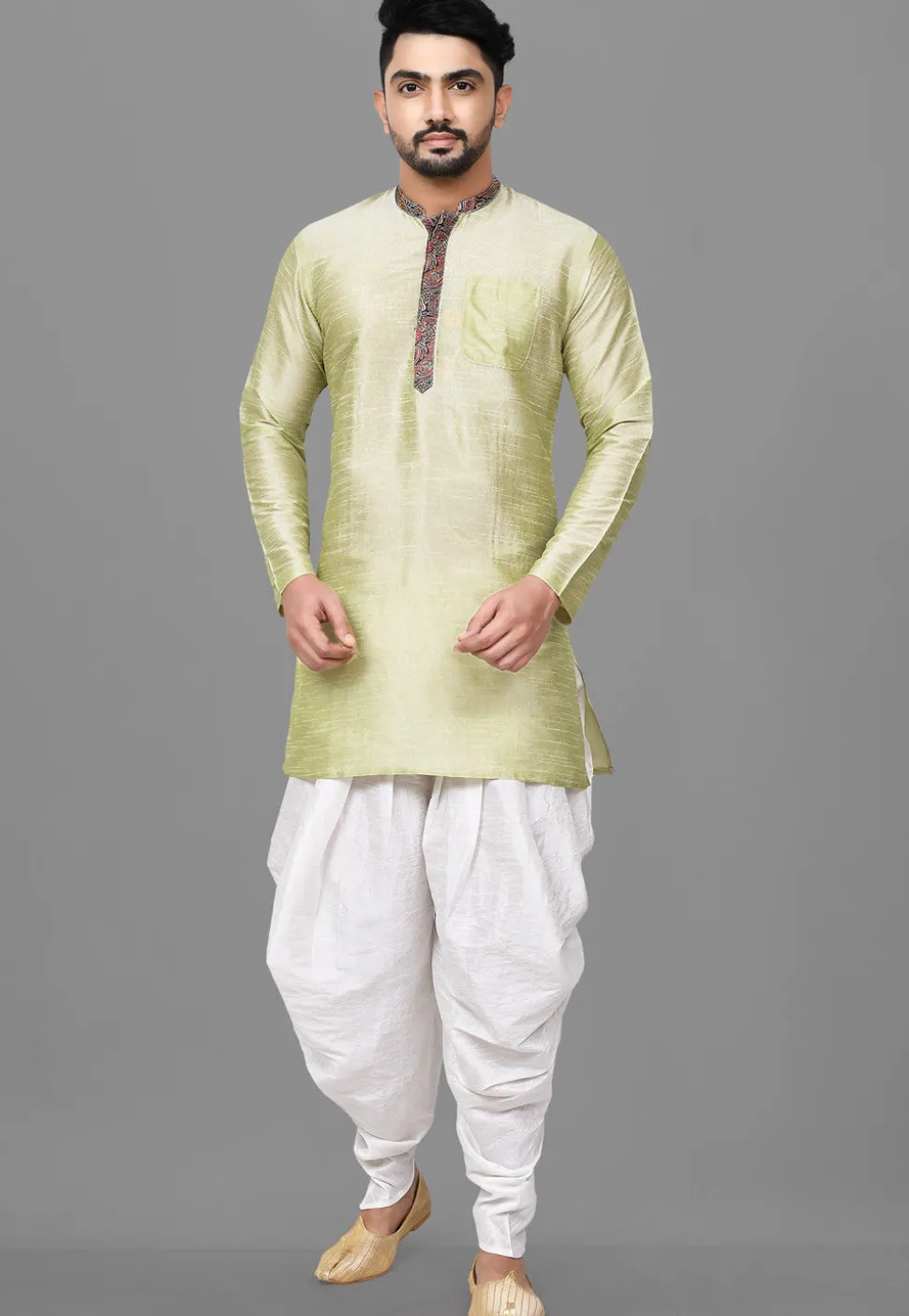 Contrast Placket Dupion Silk Short Kurta Set in Pastel Green