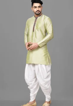 Contrast Placket Dupion Silk Short Kurta Set in Pastel Green