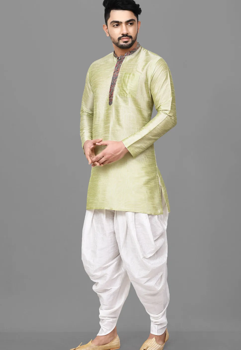Contrast Placket Dupion Silk Short Kurta Set in Pastel Green
