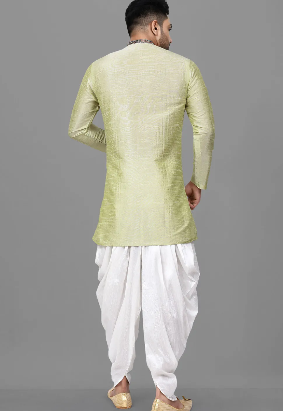 Contrast Placket Dupion Silk Short Kurta Set in Pastel Green