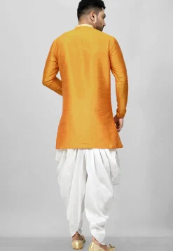 Contrast Placket Dupion Silk Short Kurta Set in Orange