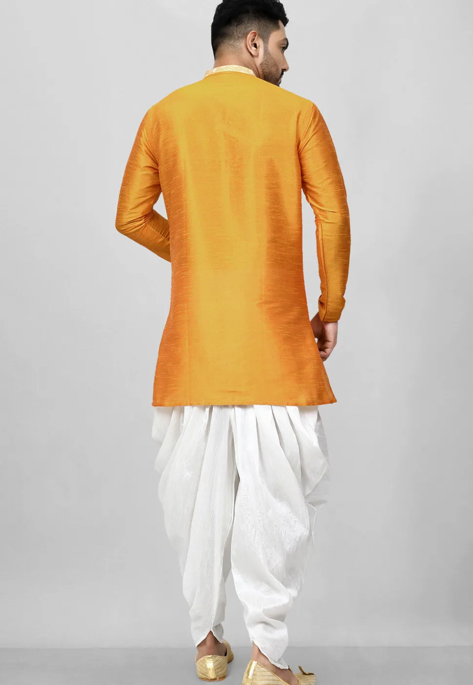 Contrast Placket Dupion Silk Short Kurta Set in Orange