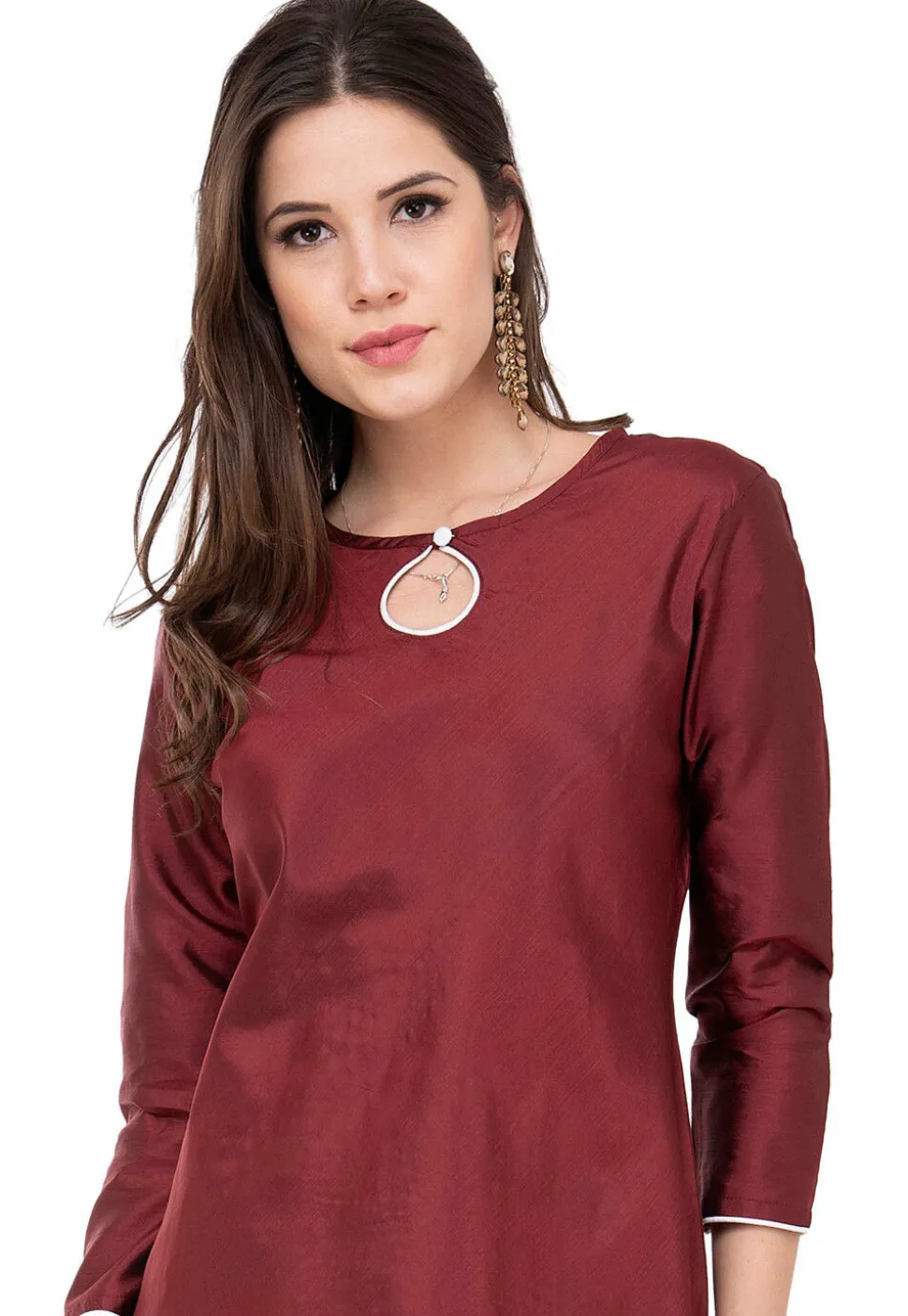 Contrast Trim Art Silk Asymmetric Kurta in Maroon