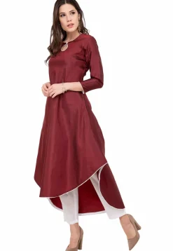 Contrast Trim Art Silk Asymmetric Kurta in Maroon