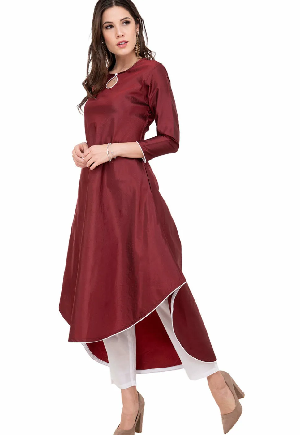 Contrast Trim Art Silk Asymmetric Kurta in Maroon
