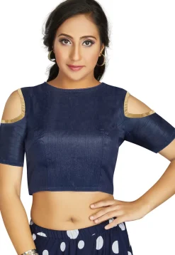 Contrast Trim Art Silk Back Cutout Blouse in Navy Blue