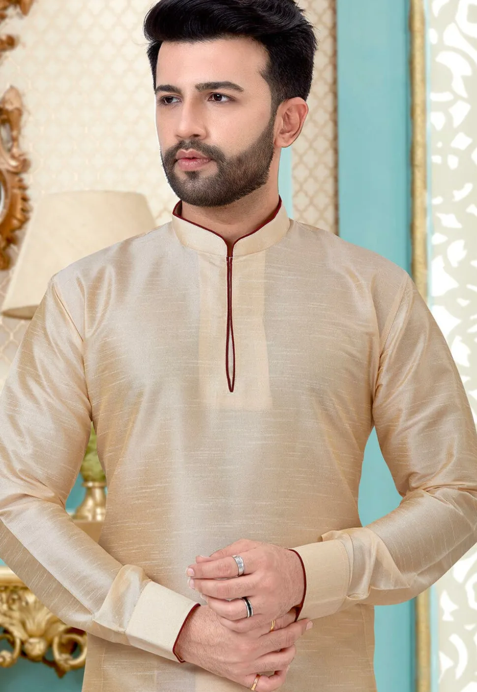 Contrast Trim Art Silk Dhoti Kurta in Beige