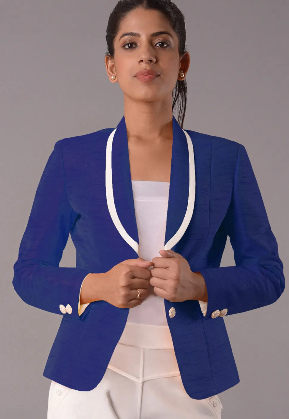 Contrast Trim Art Silk Jacket in Royal Blue