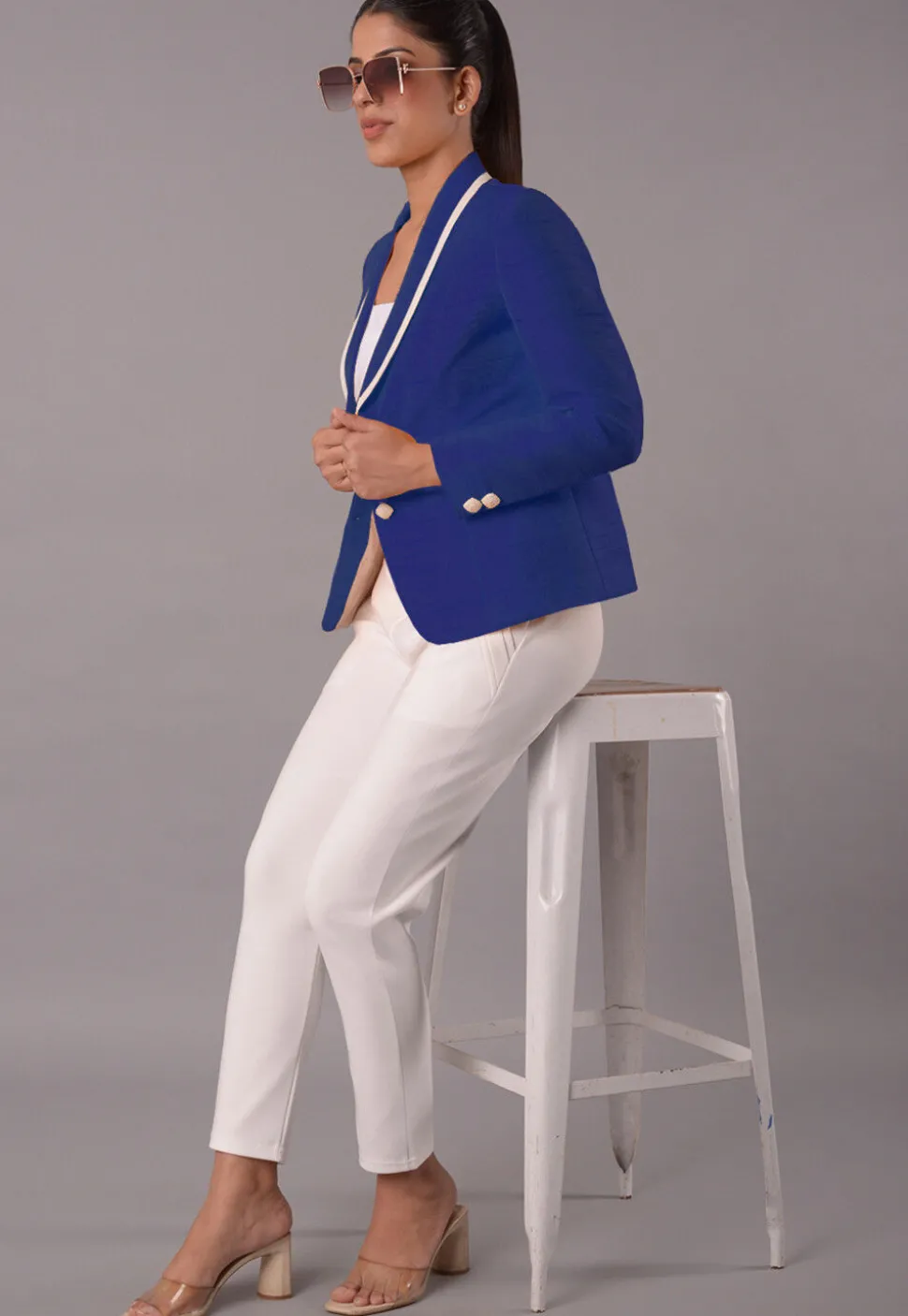 Contrast Trim Art Silk Jacket in Royal Blue