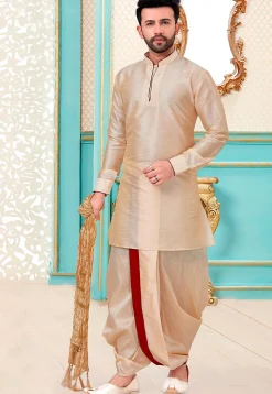 Contrast Trim Art Silk Kurta Set in Beige