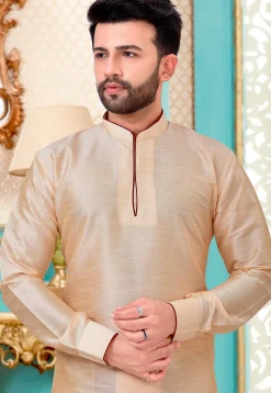 Contrast Trim Art Silk Kurta Set in Beige