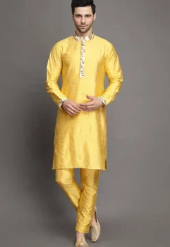 Contrast Trim Art Silk Kurta Set in Yellow