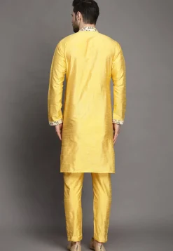 Contrast Trim Art Silk Kurta Set in Yellow