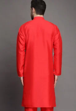 Contrast Trim Art Silk Kurta in Red