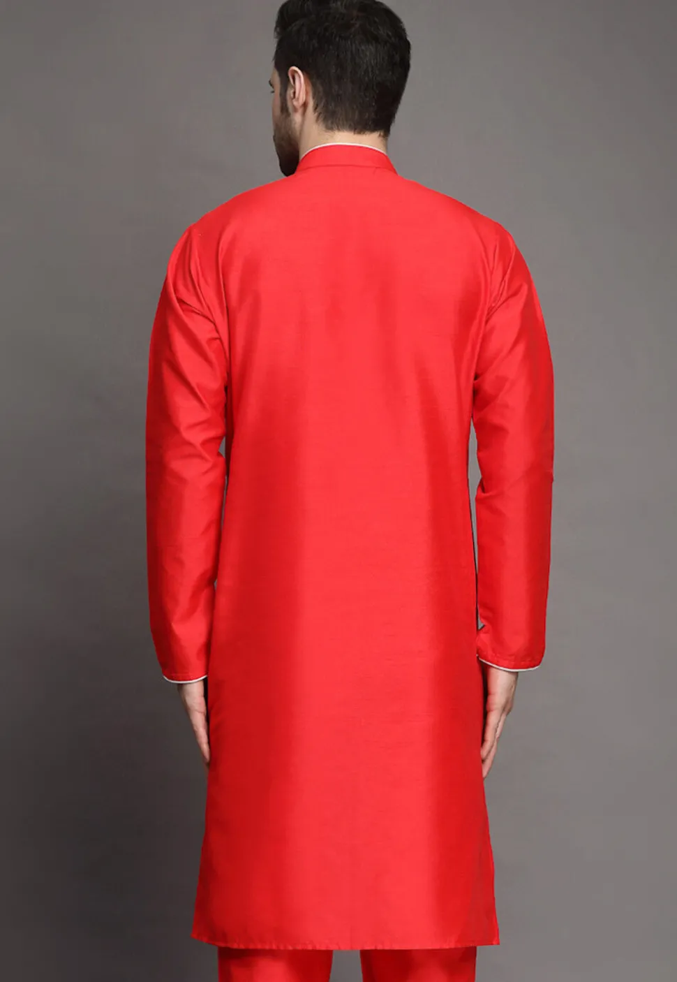 Contrast Trim Art Silk Kurta in Red