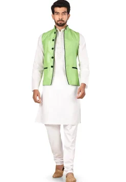 Contrast Trim Art Silk Nehru Jacket in Light Green