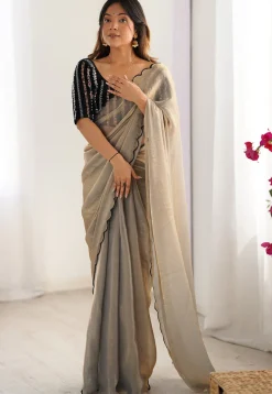 Contrast Trim Chiffon Scalloped Saree in Grey