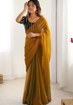 Contrast Trim Chiffon Scalloped Saree in Mustard