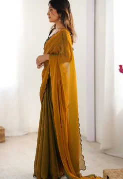 Contrast Trim Chiffon Scalloped Saree in Mustard