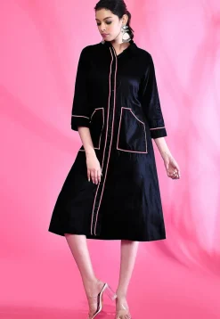 Contrast Trim Cotton Aline Dress in Black