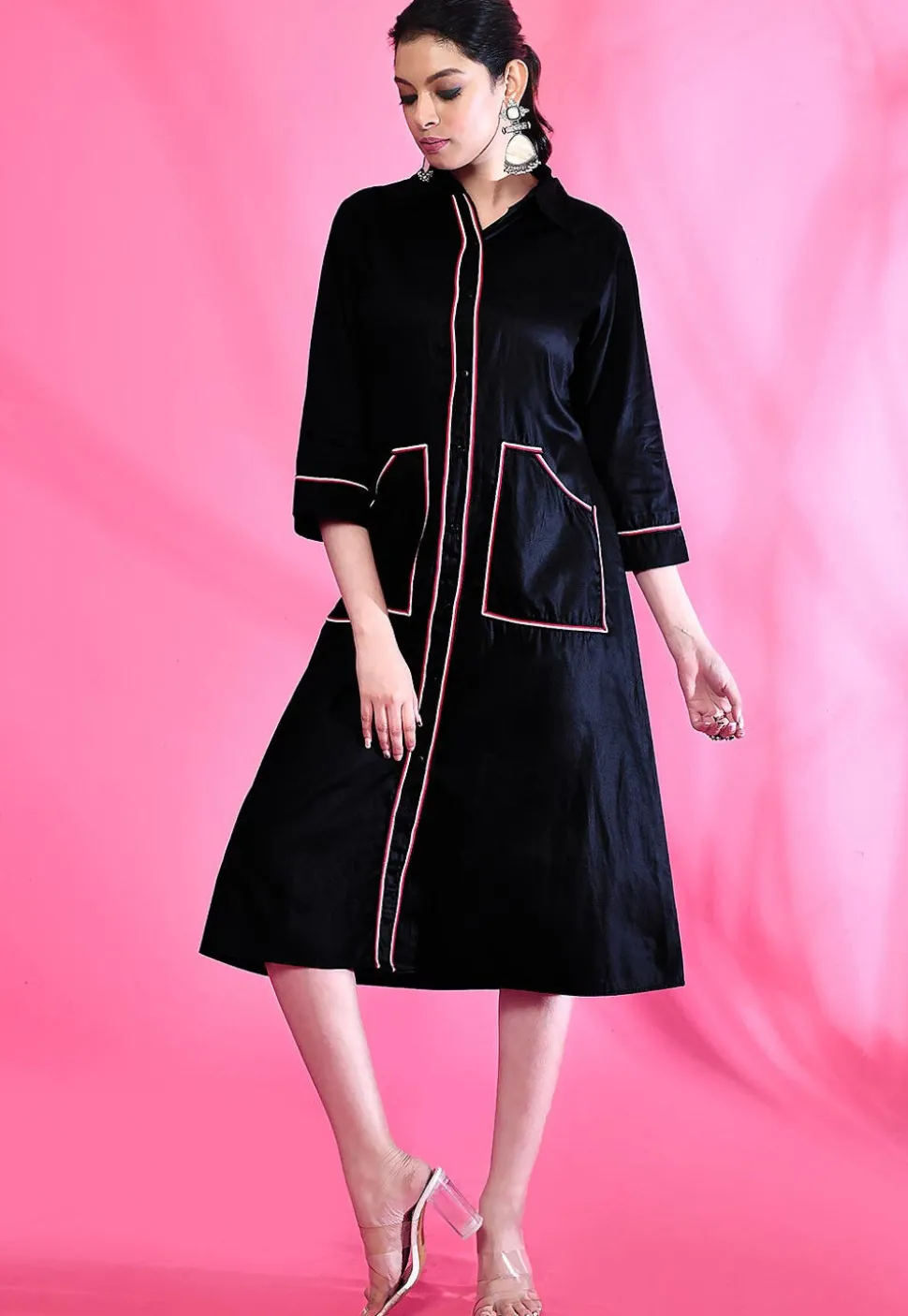 Contrast Trim Cotton Aline Dress in Black