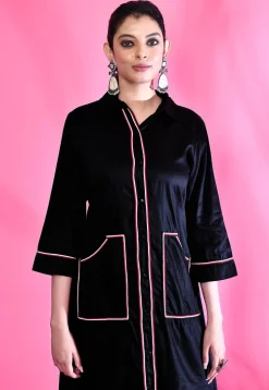 Contrast Trim Cotton Aline Dress in Black