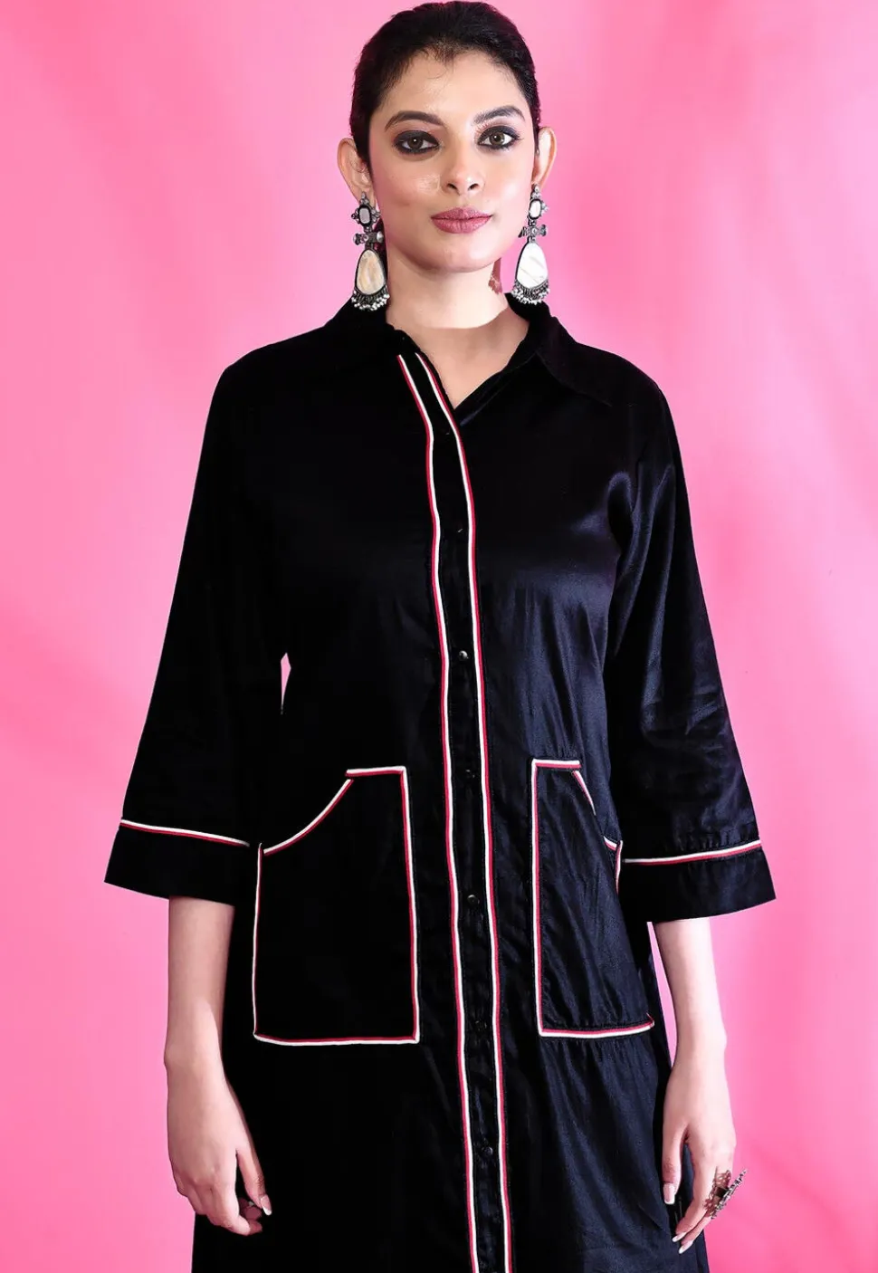 Contrast Trim Cotton Aline Dress in Black